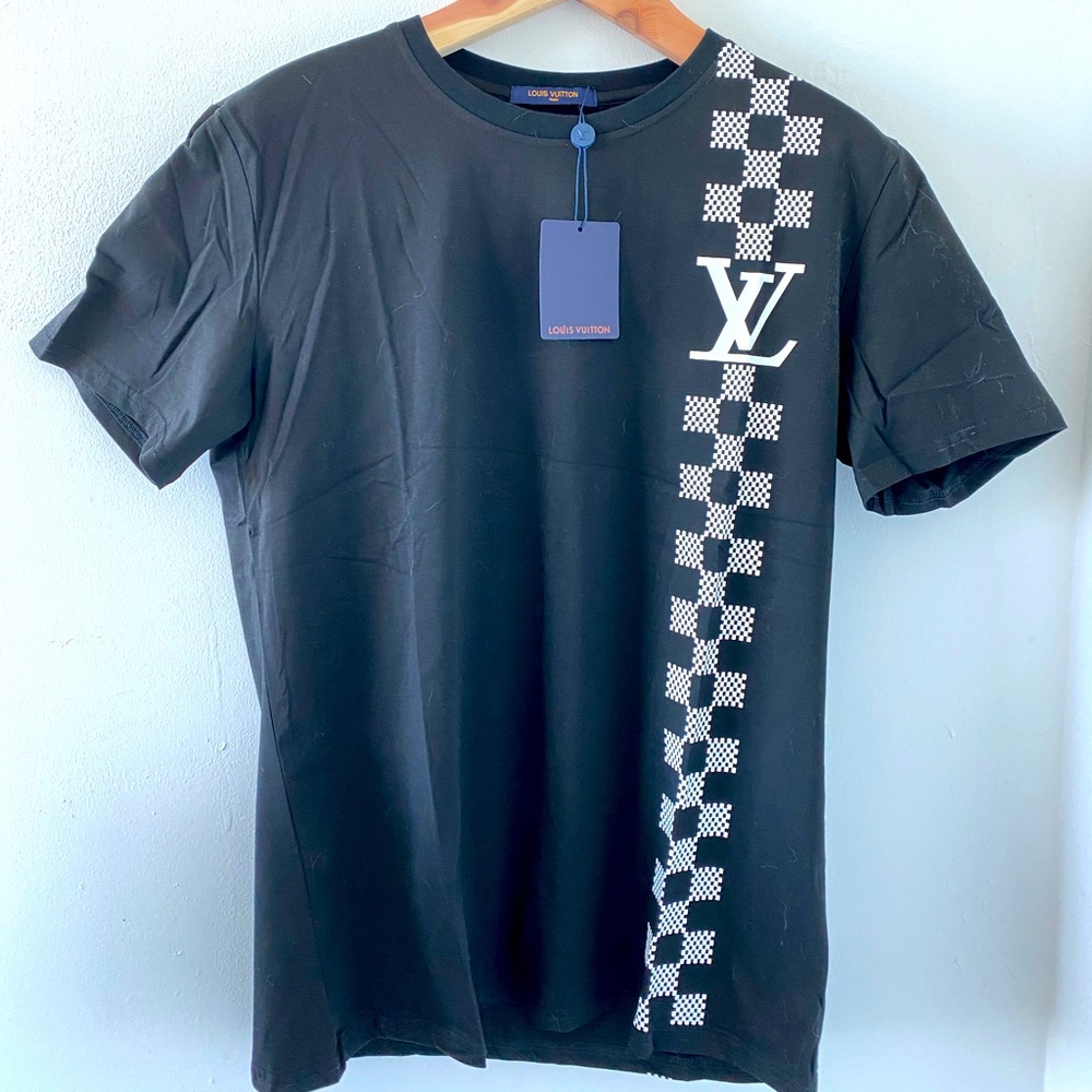 Louis Vuitton Damier Stripe Jacquard T-shirt, Tees, Black, round neck.